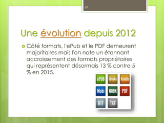 Une évolution depuis 2012
 Côté formats, l'ePub et le PDF demeurent
majoritaires mais l'on note un étonnant
accroissement des formats propriétaires
qui représentent désormais 13 % contre 5
% en 2015.
67
 
