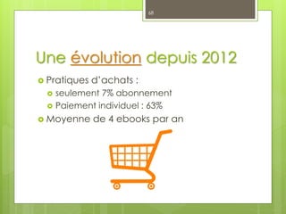 Une évolution depuis 2012
 Pratiques d’achats :
 seulement 7% abonnement
 Paiement individuel : 63%
 Moyenne de 4 ebooks par an
68
 