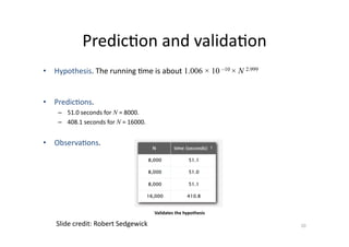 Predic'on	
  and	
  valida'on	
  
•  Hypothesis.	
  The	
  running	
  'me	
  is	
  about	
  1.006 × 10 –10 × N 2.999

•  Predic'ons.	
  
–  51.0	
  seconds	
  for	
  N =	
  8000.	
  
–  408.1	
  seconds	
  for	
  N =	
  16000.	
  

•  Observa'ons.	
  

Validates	
  the	
  hypothesis	
  

Slide	
  credit:	
  Robert	
  Sedgewick	
  

10	
  

 