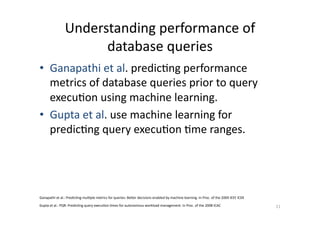 Understanding	
  performance	
  of	
  
database	
  queries	
  
•  Ganapathi	
  et	
  al.	
  predic'ng	
  performance	
  
metrics	
  of	
  database	
  queries	
  prior	
  to	
  query	
  
execu'on	
  using	
  machine	
  learning.	
  
•  Gupta	
  et	
  al.	
  use	
  machine	
  learning	
  for	
  
predic'ng	
  query	
  execu'on	
  'me	
  ranges.	
  

Ganapathi	
  et	
  al.:	
  Predic'ng	
  mul'ple	
  metrics	
  for	
  queries:	
  Befer	
  decisions	
  enabled	
  by	
  machine	
  learning.	
  In	
  Proc.	
  of	
  the	
  2009	
  IEEE	
  ICDE	
  
Gupta	
  et	
  al.:	
  PQR:	
  Predic'ng	
  query	
  execu'on	
  'mes	
  for	
  autonomous	
  workload	
  management.	
  In	
  Proc.	
  of	
  the	
  2008	
  ICAC	
  

11	
  

 
