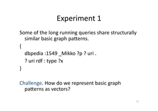 Experiment	
  1	
  
Some	
  of	
  the	
  long	
  running	
  queries	
  share	
  structurally	
  
similar	
  basic	
  graph	
  paferns.	
  
{	
  	
  
	
  dbpedia	
  :1549	
  _Mikko	
  ?p	
  ?	
  uri	
  .	
  
	
  ?	
  uri	
  rdf	
  :	
  type	
  ?x	
  
}	
  
Challenge.	
  How	
  do	
  we	
  represent	
  basic	
  graph	
  
paferns	
  as	
  vectors?	
  
19	
  

 