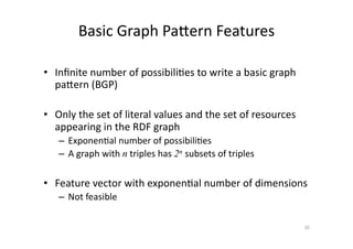 Basic	
  Graph	
  Pafern	
  Features	
  
•  Inﬁnite	
  number	
  of	
  possibili'es	
  to	
  write	
  a	
  basic	
  graph	
  
pafern	
  (BGP)	
  
•  Only	
  the	
  set	
  of	
  literal	
  values	
  and	
  the	
  set	
  of	
  resources	
  
appearing	
  in	
  the	
  RDF	
  graph	
  
–  Exponen'al	
  number	
  of	
  possibili'es	
  
–  A	
  graph	
  with	
  n	
  triples	
  has	
  2n subsets	
  of	
  triples	
  	
  

•  Feature	
  vector	
  with	
  exponen'al	
  number	
  of	
  dimensions	
  
–  Not	
  feasible	
  	
  
20	
  

 