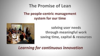 The Promise of Lean
The people-centric management
system for our time
solving user needs
through meaningful work
saving time, capital & resources
Learning for continuous innovation