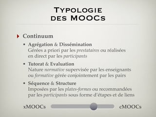 Typologie
des MOOCs
‣

Continuum
• Agrégation & Dissémination
Gérées a priori par les prestataires ou réalisées
en direct par les participants
• Tutorat & Evaluation
Nature normative supervisée par les enseignants
ou formative gérée conjointement par les pairs
• Séquence & Structure
Imposées par les plates-formes ou recommandées
par les participants sous forme d’étapes et de liens

xMOOCs

cMOOCs

 