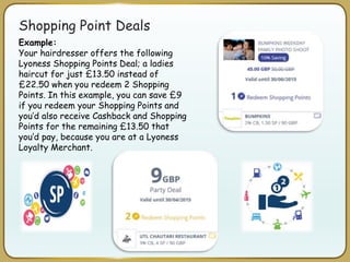 Shopping Point Deals
Example:
Your hairdresser offers the following
Lyoness Shopping Points Deal; a ladies
haircut for just £13.50 instead of
£22.50 when you redeem 2 Shopping
Points. In this example, you can save £9
if you redeem your Shopping Points and
you’d also receive Cashback and Shopping
Points for the remaining £13.50 that
you‘d pay, because you are at a Lyoness
Loyalty Merchant.
 