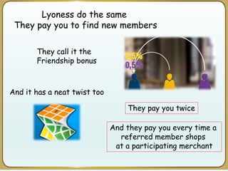 Lyoness do the same
They pay you to find new members
And it has a neat twist too
They call it the
Friendship bonus
They pay you twice
And they pay you every time a
referred member shops
at a participating merchant
 