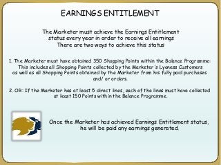 EARNINGS ENTITLEMENT
The Marketer must achieve the Earnings Entitlement
status every year in order to receive all earnings
There are two ways to achieve this status
1. The Marketer must have obtained 350 Shopping Points within the Balance Programme:
This includes all Shopping Points collected by the Marketer's Lyoness Customers
as well as all Shopping Points obtained by the Marketer from his fully paid purchases
and/ or orders.
2. OR: If the Marketer has at least 5 direct lines, each of the lines must have collected
at least 150 Points within the Balance Programme.
Once the Marketer has achieved Earnings Entitlement status,
he will be paid any earnings generated.
 