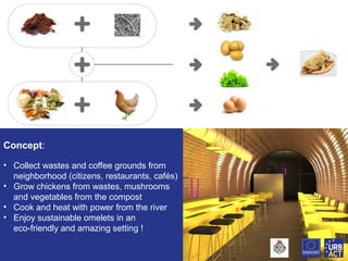 Concept:
• Collect wastes and coffee grounds from
neighborhood (citizens, restaurants, cafés)
• Grow chickens from wastes, mushrooms
and vegetables from the compost
• Cook and heat with power from the river
• Enjoy sustainable omelets in an
eco-friendly and amazing setting !