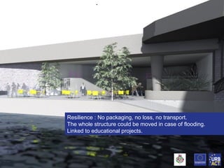Resilience : No packaging, no loss, no transport.
The whole structure could be moved in case of flooding.
Linked to educational projects.