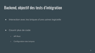 Backend, objectif des tests d’intégration
● Interaction avec les briques d’une usines logicielle
● Couvrir plus de code
○ API Rest
○ Configuration des briques
21
 