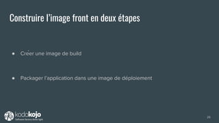 ● Créer une image de build
● Packager l’application dans une image de déploiement
Construire l’image front en deux étapes
26
 