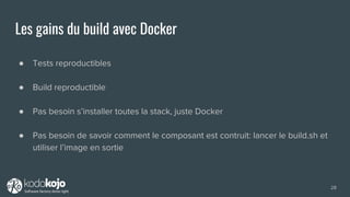 Les gains du build avec Docker
● Tests reproductibles
● Build reproductible
● Pas besoin s’installer toutes la stack, juste Docker
● Pas besoin de savoir comment le composant est contruit: lancer le build.sh et
utiliser l’image en sortie
28
 