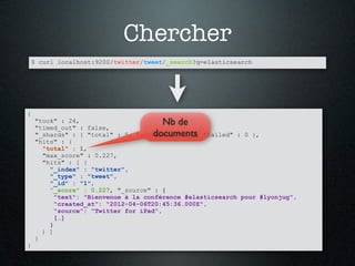 Chercher
    $ curl localhost:9200/twitter/tweet/_search?q=elasticsearch




{
    "took" : 24,                      Nb de
    "timed_out" : false,
                                    documents
    "_shards" : { "total" : 5, "successful" : 5, "failed" : 0 },
    "hits" : {
      "total" : 1,
      "max_score" : 0.227,
      "hits" : [ {
        "_index" : "twitter",
        "_type" : "tweet",
        "_id" : "1",
        "_score" : 0.227, "_source" : {
          "text": "Bienvenue à la conférence #elasticsearch pour #lyonjug",
          "created_at": "2012-04-06T20:45:36.000Z",
          "source": "Twitter for iPad",
          […]
        }
      } ]
    }
}
 