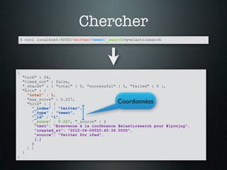 Chercher
    $ curl localhost:9200/twitter/tweet/_search?q=elasticsearch




{
    "took" : 24,
    "timed_out" : false,
    "_shards" : { "total" : 5, "successful" : 5, "failed" : 0 },
    "hits" : {
      "total" : 1,
      "max_score" : 0.227,
      "hits" : [ {                          Coordonnées
        "_index" : "twitter",
        "_type" : "tweet",
        "_id" : "1",
        "_score" : 0.227, "_source" : {
          "text": "Bienvenue à la conférence #elasticsearch pour #lyonjug",
          "created_at": "2012-04-06T20:45:36.000Z",
          "source": "Twitter for iPad",
          […]
        }
      } ]
    }
}
 