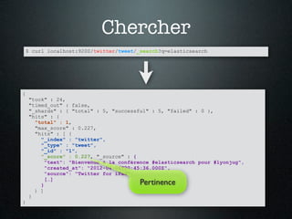 Chercher
    $ curl localhost:9200/twitter/tweet/_search?q=elasticsearch




{
    "took" : 24,
    "timed_out" : false,
    "_shards" : { "total" : 5, "successful" : 5, "failed" : 0 },
    "hits" : {
      "total" : 1,
      "max_score" : 0.227,
      "hits" : [ {
        "_index" : "twitter",
        "_type" : "tweet",
        "_id" : "1",
        "_score" : 0.227, "_source" : {
          "text": "Bienvenue à la conférence #elasticsearch pour #lyonjug",
          "created_at": "2012-04-06T20:45:36.000Z",
          "source": "Twitter for iPad",
          […]
        }                                Pertinence
      } ]
    }
}
 