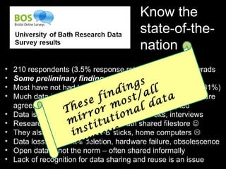 • 210 respondents (3.5% response rate) : PIs, ROs, postgrads
• Some preliminary findings:
• Most have not had to produce a data management plan (81%)
• Much data is confidential, anonymised, under non-disclosure
agreements, commercially sensitive, DPA, encrypted
• Data is also in non-digital form: lab notebooks, interviews
• Researchers store data on Univ Bath shared filestore 
• They also use Dropbox, USB sticks, home computers 
• Data loss: accidental deletion, hardware failure, obsolescence
• Open data is not the norm – often shared informally
• Lack of recognition for data sharing and reuse is an issue
Know the
state-of-the-
nation
These findings
mirror most/all
institutional data
surveys…
 