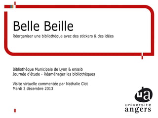 Belle Beille
Réorganiser une bibliothèque avec des stickers & des idées

Bibliothèque Municipale de Lyon & enssib
Journée ...