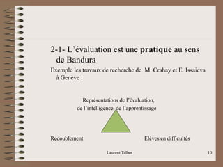 2-1- L’évaluation est une pratique au sens
de Bandura
Exemple les travaux de recherche de M. Crahay et E. Issaieva
à Genève :
Représentations de l’évaluation,
de l’intelligence, de l’apprentissage
Redoublement Elèves en difficultés
Laurent Talbot 10
 