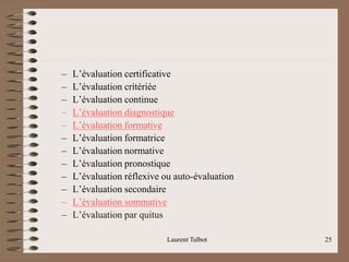 – L’évaluation certificative
– L’évaluation critériée
– L’évaluation continue
– L’évaluation diagnostique
– L’évaluation formative
– L’évaluation formatrice
– L’évaluation normative
– L’évaluation pronostique
– L’évaluation réflexive ou auto-évaluation
– L’évaluation secondaire
– L’évaluation sommative
– L’évaluation par quitus
Laurent Talbot 25
 
