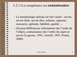 3-2-3-La compétence est connaissance
– La terminologie utilisée est fort variée : savoir,
savoir-faire, savoir-être, schème, capacité,
ressource, aptitude, habileté, qualité …
– On peut différencier information (de l’ordre de
l’objet), connaissance (de l’ordre du sujet) et
savoir (Legroux, 1991; Astolfi, 1993; Pastré,
2006)
Laurent Talbot 31
 