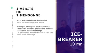 ATELIERDESIGNTHINKING-KLAP
1 à 2 min de réflexion individuelle
Notez vos réflexions sur un post-it
1 min par participant pour exprimer :
- ses noms prénoms professions hobbies
- sa vérité ou son mensonge
Les participants devront identifier si c’est une
vérité ou un mensonge
1 VÉRITÉ
OU
1 MENSONGE
ICE-
BREAKER
10 mn
 