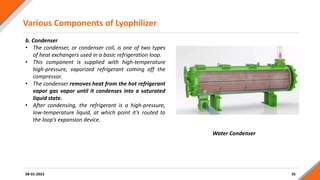 Various Components of Lyophilizer
35
08-01-2023
b. Condenser
• The condenser, or condenser coil, is one of two types
of heat exchangers used in a basic refrigeration loop.
• This component is supplied with high-temperature
high-pressure, vaporized refrigerant coming off the
compressor.
• The condenser removes heat from the hot refrigerant
vapor gas vapor until it condenses into a saturated
liquid state.
• After condensing, the refrigerant is a high-pressure,
low-temperature liquid, at which point it’s routed to
the loop’s expansion device.
Water Condenser
 