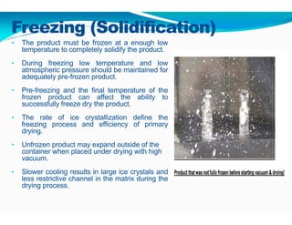 Freezing (Solidification)
• The product must be frozen at a enough low
temperature to completely solidify the product.
• During freezing low temperature and low
atmospheric pressure should be maintained for
adequately pre-frozen product.
• Pre-freezing and the final temperature of the
frozen product can affect the ability to
successfully freeze dry the product.
• The rate of ice crystallization define the
freezing process and efficiency of primary
drying.
• Unfrozen product may expand outside of the
container when placed under drying with high
vacuum.
• Slower cooling results in large ice crystals and
less restrictive channel in the matrix during the
drying process.
 