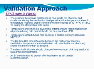 Validation Approach
• SIP (Steam in Place):
 There should be uniform distribution of heat inside the chamber and
condenser during the sterilization hold period and the temperature at each
temperature mapping probe should be within the range of 121.6 °C to 124.0
°C during the sterilization hold period.
 Temperature uniformity at a given time of temperature recording between
all probes during hold period should not be more than ±1°C.
 Temperature spread during hold period at a certain monitoring location
NMT 2°C.
 The lag time (the time difference between the first sensor reaches
sterilization temperature and sterilization hold start inside the chamber)
should not be more than 30 second.
 The chemical indicators should change the colour from pink to green for at
least three compartments.
 All BI should show no growth after incubation as per vendor
recommendation.
 