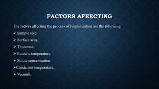 FACTORS AFEECTING
The factors affecting the process of lyophilization are the following:
 Sample size.
 Surface area.
 Thickness.
 Eutectic temperature.
 Solute concentration.
Condenser temperature.
 Vacuum.
 