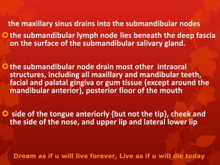 the maxillary sinus drains into the submandibular nodes
the submandibular lymph node lies beneath the deep fascia
on the surface of the submandibular salivary gland.
the submandibular node drain most other intraoral
structures, including all maxillary and mandibular teeth,
facial and palatal gingiva or gum tissue {except around the
mandibular anterior}, posterior floor of the mouth
 side of the tongue anteriorly {but not the tip}, cheek and
the side of the nose, and upper lip and lateral lower lip
Dream as if u will live forever, Live as if u will die today
 