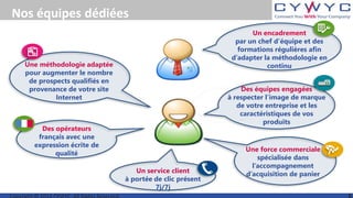 Nos équipes dédiées
Des opérateurs
français avec une
expression écrite de
qualité
Une méthodologie adaptée
pour augmenter le nombre
de prospects qualifiés en
provenance de votre site
Internet
Une force commerciale
spécialisée dans
l’accompagnement
d’acquisition de panierUn service client
à portée de clic présent
7j/7j
Un encadrement
par un chef d’équipe et des
formations régulières afin
d’adapter la méthodologie en
continu
Des équipes engagées
à respecter l’image de marque
de votre entreprise et les
caractéristiques de vos
produits
 