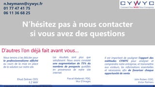 N’hésitez pas à nous contacter
si vous avez des questions
D’autres l’on déjà fait avant vous…
Les résultats sont plus que
satisfaisant. Nous avons constaté
une augmentation de 75% du
nombres de prospects qualifiés
en provenance de notre site
internet.
Pascal Abelanski, PDG,
Mur D’Images
Nous tenons à les féliciter pour
le professionnalisme affiché
au cours de la mise en place
de la solution sur notre site.
Ehud Zeitner, CEO,
E.Z WAY
Il est important de souligner l’apport des
méthodes CYWYC pour analyser et
comprendre notre entreprise, et transmettre
aux visiteurs, les informations essentielles
et nécessaires afin de favoriser chaque
opportunité de vente.
John Ruben, COO,
Victor Partners
n.heymann@cywyc.fr
01 77 47 41 75
06 11 36 68 25
 