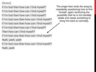 The singer then ends the song by
repeatedly questioning how to find
himself, again reinforcing the
possibility that he is not mentally
stable and needs something to
bring him back to normality.
 