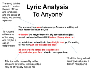 Lyric Analysis 
‘To Anyone’ 
The song can be 
seen to contains 
themes of love 
and loneliness 
and the sense of 
being lost without 
a partner 
You were on your own singing songs for no one spilling out 
your heart I will never die , no 
to anyone will maybe make her cry ooooooh shes got a 
secret, my heart will seek iiitttt but am I happy alone no . 
so watch them set on fire in the midnight hour ye, I'm waiting 
for her way just like the good old days 
no skin or bone across the telephone no 
why do I miss your face , why do I miss your face 
‘To Anyone’ 
– the name 
of the song 
and maybe a 
call of 
desperation 
This line adds personality to the 
song and emotional feeling explain 
how he physically misses her 
‘Just like the good old 
days’ gives clues of a 
broken relationship 
