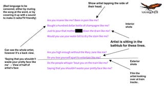 (Bad language to be
censored, either by muting
the song at the word, or by
covering it up with a sound
to make it radio/TV friendly)
Can see the whole artist,
however it’s a back view.
‘Saying that you shouldn’t
waste your pretty face like
me’ → View of half of
artist’s face
Exterior
shots
Film the
artist looking
over at train
tracks .
Show artist tapping the side of
their head.
Interior
shots
Artist is sitting in the
bathtub for these lines.
Are you insane like me? Been in pain like me?
Bought a hundred dollar bottle of champagne like me?
Just to pour that motherfucker down the drain like me?
Would you use your water bill to dry the stain like me?
Are you high enough without the Mary Jane like me?
Do you tear yourself apart to entertain like me?
Do the people whisper 'bout you on the train like me?
Saying that you shouldn't waste your pretty face like me?
 