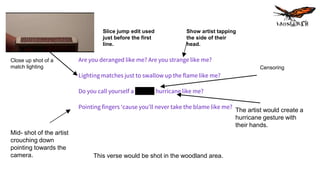Are you deranged like me? Are you strange like me?
Lighting matches just to swallow up the flame like me?
Do you call yourself a fucking hurricane like me?
Pointing fingers ‘cause you'll never take the blame like me?
Close up shot of a
match lighting Censoring
Show artist tapping
the side of their
head.
Slice jump edit used
just before the first
line.
This verse would be shot in the woodland area.
The artist would create a
hurricane gesture with
their hands.
Mid- shot of the artist
crouching down
pointing towards the
camera.
 