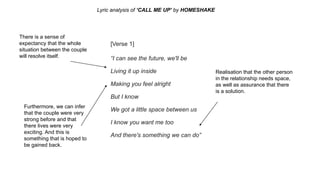 Lyric analysis of ‘CALL ME UP’ by HOMESHAKE
[Verse 1]
“I can see the future, we'll be
Living it up inside
Making you feel alright
But I know
We got a little space between us
I know you want me too
And there's something we can do”
There is a sense of
expectancy that the whole
situation between the couple
will resolve itself.
Furthermore, we can infer
that the couple were very
strong before and that
there lives were very
exciting. And this is
something that is hoped to
be gained back.
Realisation that the other person
in the relationship needs space,
as well as assurance that there
is a solution.
 