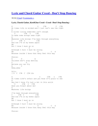 Lyric and Chord Guitar Creed - Don't Stop Dancing
18:16 | Creed | 0 comments »

Lyric, Chords Guitar, KordGitar Creed - Creed - Don't Stop Dancing :
G                          C     C7M            C C7M
At times life is wicked and I just can’t see the light
G
A silver lining sometimes isn’t enough
   C         C7M    C    C7M
To make some wrongs seem right
G
Whatever life brings I’ve been through everything
C       C7M C             C7M
And now I’m on my knees again
Am
But I know I must go on
                  C
Although I hurt I must be strong
Em                         G             C    D
Because inside I know that many feel this way

Chorus:
G         D             A
Children don’t stop dancing
C              G
Believe you can fly
A         C
Away…away

Solo:
( G C     C7M   C   C7M )2x

G                            C       C7M    C    C7M
At times life’s unfair and you know it’s plain to see
G
Hey God I know I’m just a dot in this world
   C       C7M   C   C7M
Have you forgot about me?
G
Whatever life brings

I’ve been through everything
C      C7M C             C7M
And now I’m on my knees again
Am
But I know I must go on
                C
Although I hurt I must be strong
Em                         G             C    D
Because inside I know that many feel this way

Chorus:
 