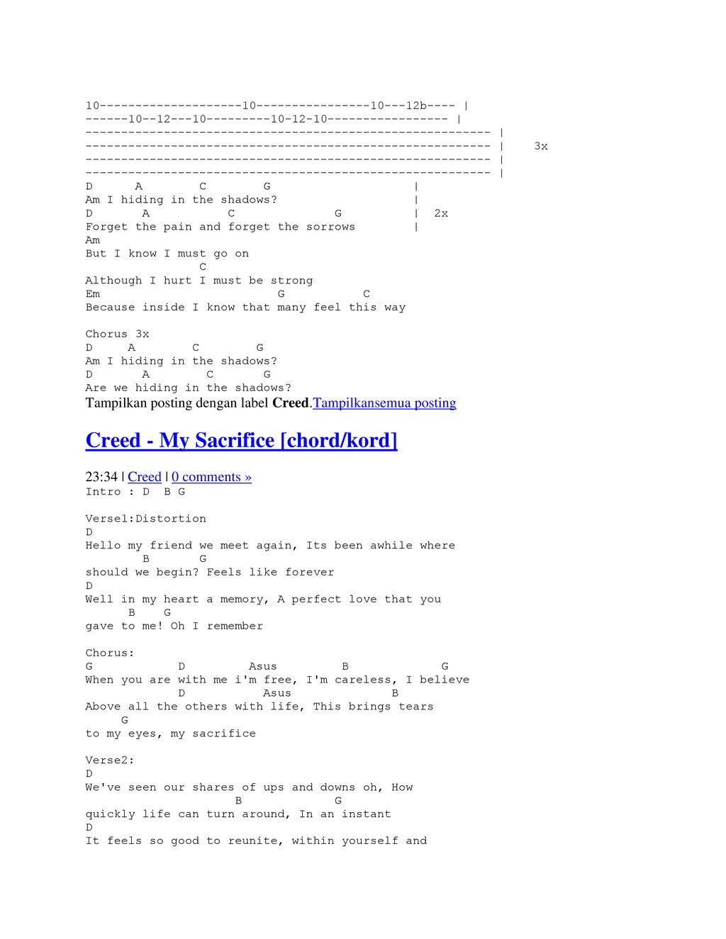 Lyric and chord guitar creed
