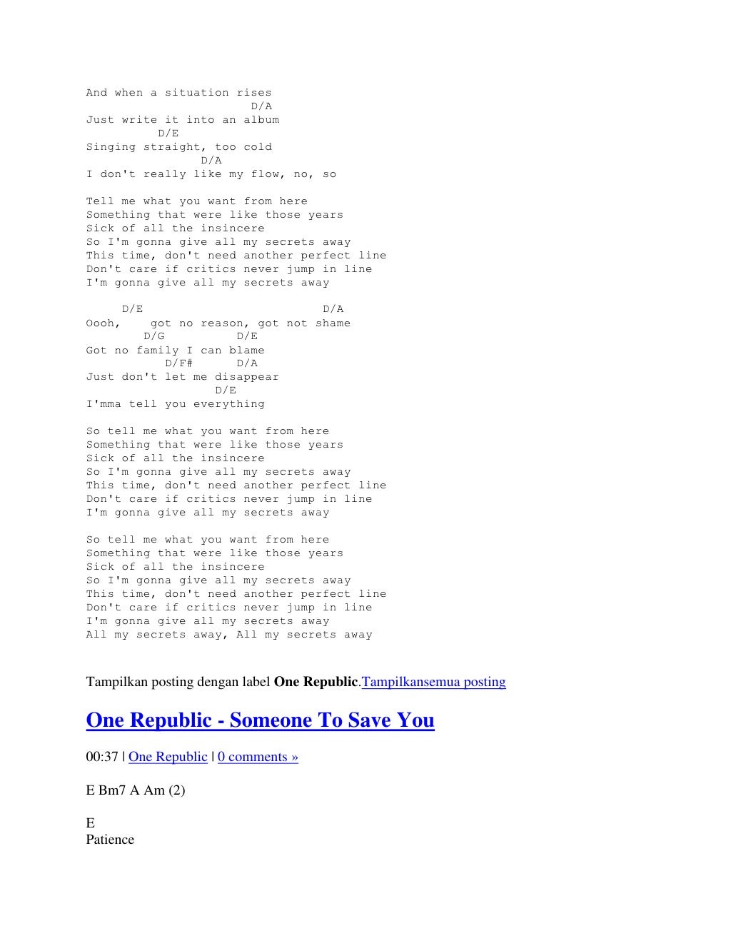 Lyric and chord guitar one republic