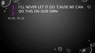 3
2
I’LL NEVER LET IT GO ‘CAUSE WE CAN
DO THIS ON OUR OWN
01:29 – 01:32
 