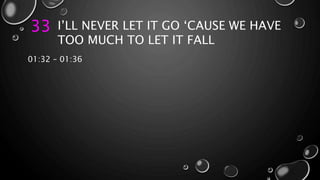 33 I’LL NEVER LET IT GO ‘CAUSE WE HAVE
TOO MUCH TO LET IT FALL
01:32 – 01:36
 
