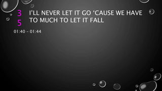3
5
I’LL NEVER LET IT GO ‘CAUSE WE HAVE
TO MUCH TO LET IT FALL
01:40 – 01:44
 