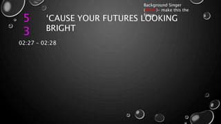 5
3
‘CAUSE YOUR FUTURES LOOKING
BRIGHT
Background Singer
(Wooo)- make this the
focus
02:27 – 02:28
 