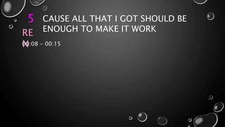 5 CAUSE ALL THAT I GOT SHOULD BE
ENOUGH TO MAKE IT WORKRE
N00:08 - 00:15
 