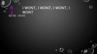 6
7
I WONT, I WONT, I WONT, I
WONT
02:58 – 03:05
 