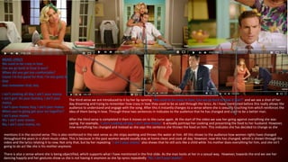 MUISC LYRICS
We used to be crazy in love
Can we go back to how it was?
When did you get too comfortable?
Cause I'm too good for that, I'm too good for
that
Just remember that, hey
I ain't cooking all day, I ain't your mama
I ain't gon' do your laundry, I ain't your
mama
I ain't your mama, boy, I ain't your mama
When you're going get your act together?
I ain't your mama
No, I ain't your mama
No, I ain't your mama, no
The third verse we are introduced to it by her lip-syncing “We used to be crazy in love, Can we go back to how it was?” and we see a shot of her
day dreaming and trying to remember how crazy in love they used to be as said through the lyrics. As I have mentioned before this really allows the
audience to understand and engage with the song. After this it instantly changes to a sense where she is sexually touching him which reinforces the
idea of them being in love. Through these two sentences in indicates to the audience that he has changed and used to be a better man.
After the third verse is completed it then it moves on to the curse again. At the start of the video we saw her going against everything she was
saying. For example, “I ain't cooking all day, I ain't your mama” it actually portrays her cooking and presenting the food to her husband. However,
now everything has changed and instead as she says this sentence she throws the food on him. This indicates she has decided to change as she
mentions it in the second verse. This is also reinforced in the next sense as she stops working and throws the water at him. All this shows to the audience how women rights have changed
throughout the years in a short music video. This is because in the past women would usually stay at home clean and cook all day. However, now this has changed, which is shown through the
video and the lyrics relating it to now. Not only that, but by her repeating “I ain’t your mama” also shows that he still acts like a child while his mother does everything for him, and she isn't
going to do act like she is his mother anymore.
There is also a sense where she is being objectified, which supports what I have mentioned in the first slide. As the man looks at her in a sexual way. However, towards the end we see her
dancing happily and her gestures show us she is not having it anymore as she lip-syncs repeatedly “No, I ain't your mama”.
 