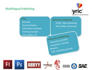 Multilingual Publishing Print Manuals Documentation Information booklets Training manuals User guides, etc Electronic Publishing HTML, XML publishing Pdf to XML conversion Interactive Publishing Interactive CD/DVD Interactive Training  Modules DVD subtitling services 