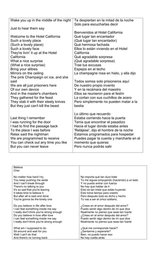 Wake you up in the middle of the night Te despiertan en la mitad de la noche
                                       Solo para escucharlas decir
Just to hear them say
                                       Bienvenidos al Hotel California
Welcome to the Hotel California        Qué lugar tan encantador
Such a lovely place                    (Qué lugar tan encantador)
(Such a lovely place)                  Qué hermosa fachada
Such a lovely face                     Ellos lo están viviendo en el Hotel
They're livin' it up at the Hotel      California
California                             Qué agradable sorpresa
What a nice surprise                   (Qué agradable sorpresa)
(What a nice surprise)                 Trae tus excusas
Bring your alibies                     Espejos en el techo
Mirrors on the ceiling                 La champagne rosa en hielo, y ella dijo
The pink Champaign on ice, and she
said                                   Todos somos solo prisioneros aquí
We are all just prisoners here         De nuestro propio invento
Of our own device                      Y en la recámara del maestro
And in the master's chambers           Ellos se reunieron para el festín
They gathered for the feast            La cortan con sus cuchillos de acero
They stab it with their steely knives  Pero simplemente no pueden matar a la
But they just can't kill the beast     bestia

                                             Lo último que recuerdo
Last thing I remember                        Estaba corriendo hacia la puerta
I was running for the door                   Tenía que encontrar el pasadizo
I had to find the passage back               Hacia el lugar donde estaba antes
To the place I was before                    'Relájese', dijo el hombre de la noche
Relax said the nightman                      Estamos programados para hospedar
We are programmed to receive                 Puedes pagar la cuenta y marcharte en el
You can check out any time you like          momento que quieras
But you can never leave                      Pero nunca podrás salir




 Believe
 Cher

 No matter how hard I try                       No importa qué tan duro trate
 You keep pushing me aside                      Tú me sigues empujando (haciendo) a un lado
 And I can't break through                      Y no puedo entrar con fuerza
 There's no talking to you                      No hay que hablar de ti
 It's so sad that you're leaving                Esto es tan triste que estás huyendo
 It takes time to believe it                    Esto toma tiempo para creerlo
 But after all is said and done                 Pero después todo es dicho y hecho
 You're gonna be the lonely one                 Tú vas a ser el único solitario.

 Do you believe in life after love              ¿Crees en el amor después del amor?
 I can feel something inside me say             Puedo sentir algo dentro de mí que dice
 I really don't think you're strong enough      Realmente no pienso que seas tan fuerte
 Do you believe in love after love              ¿Crees en el amor después del amor?
 I can feel something inside me say             Puedo sentir algo dentro de mí que dice
 I really don't think you're strong enough      Realmente no pienso que seas tan fuerte

 What am I supposed to do                       ¿Qué me corresponde hacer?
 Sit around and wait for you                    ¿Sentarme y esperarte?
 Well I can't do that                           Bien, no puedo hacer eso
 And there's no turning back                    No hay vuelta atrás
 