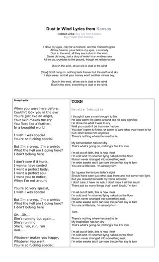 Dust in Wind Lyrics from Kansas
                                 Related Links: Buy CD from Kansas
                                      Buy Poster from Kansas


                     I close my eyes, only for a moment, and the moment's gone
                            All my dreams, pass before my eyes, a curiosity
                            Dust in the wind, all they are is dust in the wind.
                         Same old song, just a drop of water in an endless sea
                      All we do, crumbles to the ground, though we refuse to see

                            Dust in the wind, all we are is dust in the wind

                   [Now] Don't hang on, nothing lasts forever but the earth and sky
                     It slips away, and all your money won't another minute buy.

                            Dust in the wind, all we are is dust in the wind
                            Dust in the wind, everything is dust in the wind.




Creep Lyrics
                                             TORN
When you were here before,                   Natalie Imbruglia
Couldn't look you in the eye
You're just like an angel,                   I thought I saw a man brought to life
Your skin makes me cry                       He was warm; he came around like he was dignified
You float like a feather,                    He show me what it was to cry
In a beautiful world                         Well you couldn’t be that man I adore
                                             You don’t seem to know, or seem to care what your heart is for
                                             But I don’t know him anymore
I wish I was special                         There’s nothing where he used to lie.
You're so fucking special
                                             My conversation has run dry
But I'm a creep, I'm a weirdo                That’s what’s going on, nothing’s fine I’m torn
What the hell am I doing here?
                                             I’m all out of faith, this is how I feel
I don't belong here
                                             I’m cold and I’m shamed lying naked on the floor
                                             Illusion never changed into something real.
I don't care if it hurts,                    I’m wide awake and I can see the perfect sky is torn
I wanna have control                         You are a little late, I’m already torn
I want a perfect body,
I want a perfect soul                        So I guess the fortune teller’s right
I want you to notice,                        Should have seen just what was there and not some holy light.
                                             But you crawled beneath my veins and now
When I'm not around                          I don’t care, I have no luck, I don’t miss it all that much
                                             There just so many things that I can’t touch; I’m torn
You're so very special,
I wish I was special                         I’m all out of faith, this is how I feel
                                             I’m cold and I’m shamed lying naked on the floor
But I'm a creep, I'm a weirdo                Illusion never changed into something real.
                                             I’m wide awake and I can see the perfect sky is torn
What the hell am I doing here?
                                             You are a little late, I’m already torn
I don't belong here
                                             Torn
Oh...Oh...
She's running out again...                   There’s nothing where he used to lie
She's running                                My inspiration has run dry
She's, run, run, run                         That’s what’s going on, nothing’s fine I’m torn
Run....                                      I’m all out of faith, this is how I feel
                                             I’m cold and I’m shamed lying naked on the floor
Whatever makes you happy,                    Illusion never changed into something real.
Whatever you want                            I’m wide awake and I can see the perfect sky is torn
You're so fucking special,
 